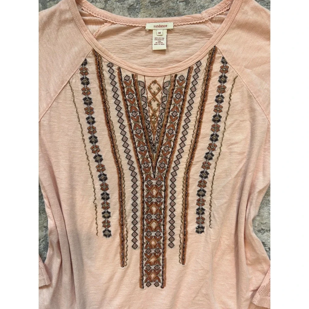 Sundance embroidered light pink longsleeve lightweight T shirt blouse cotton M - Picture 4 of 6